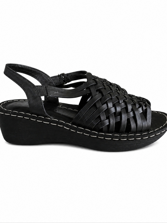 AEROSOLES Shoes - Aerosoles Black Woven Leather Wedge Sandals Size 6M Chic Comfort Classic
